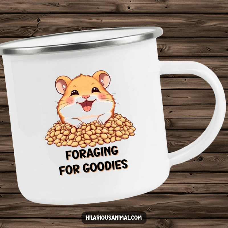 Funny hamster camping mug featuring a joyful hamster with a wide grin, peeking from a pile of seeds.
