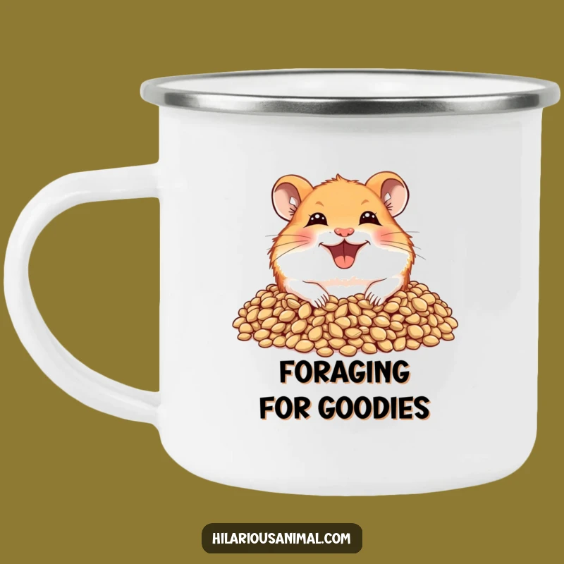 Funny Joyful Hamster Camping Mug - Seed Lover, Wide Grin, Outdoor Fun!