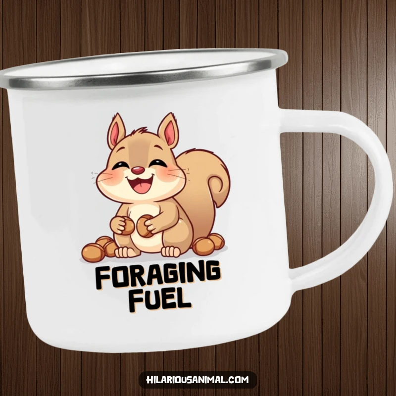 Funny laughing squirrel camping mug with bulging cheeks, enamel finish, depicted hoarding nuts, ideal for outdoor enthusiasts with a sense of humor.