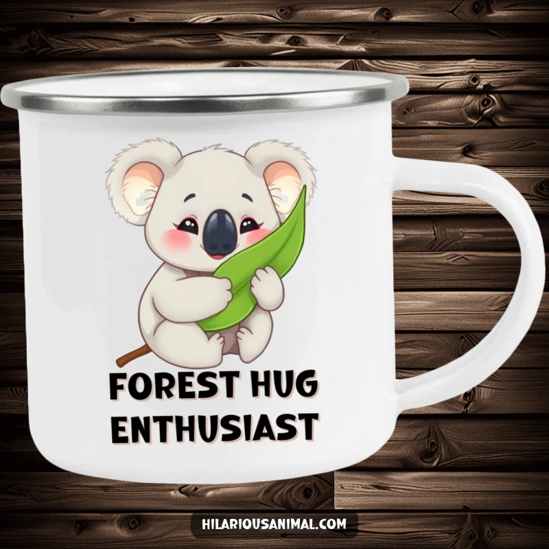Funny koala cub enamel camping mug, happily hugging a eucalyptus leaf with crinkled eyes, perfect for outdoor enjoyment.