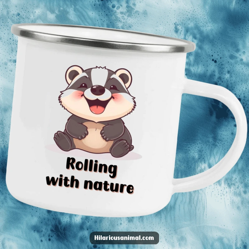 Funny Badger Camping Mug showing a delighted badger rolling happily, ready for adventures and hot beverages, a humorous gift for campers.