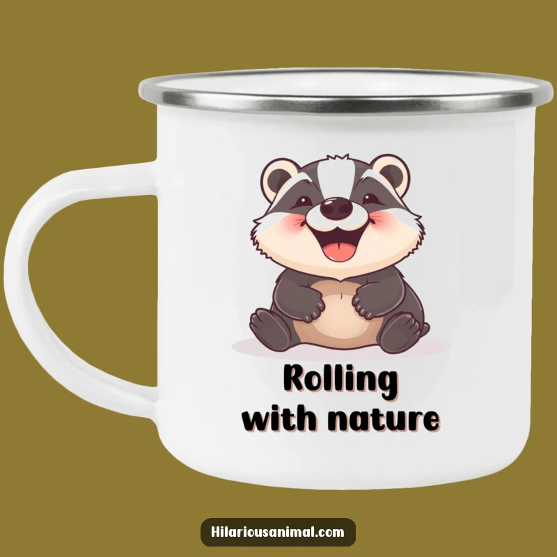 Funny Badger Camping Mug: Outdoor Delighted Grin Rolling Adventure