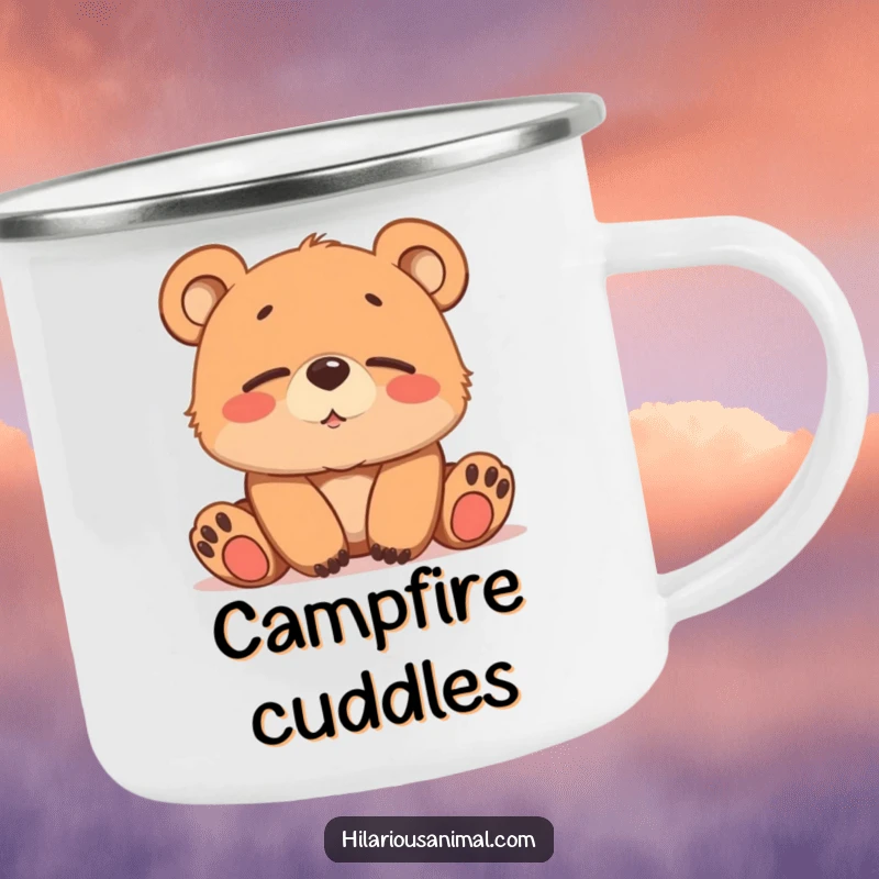 Funny brown bear cub camping mug, softly chuckling with sleepy eyes, for cozy outdoor moments.