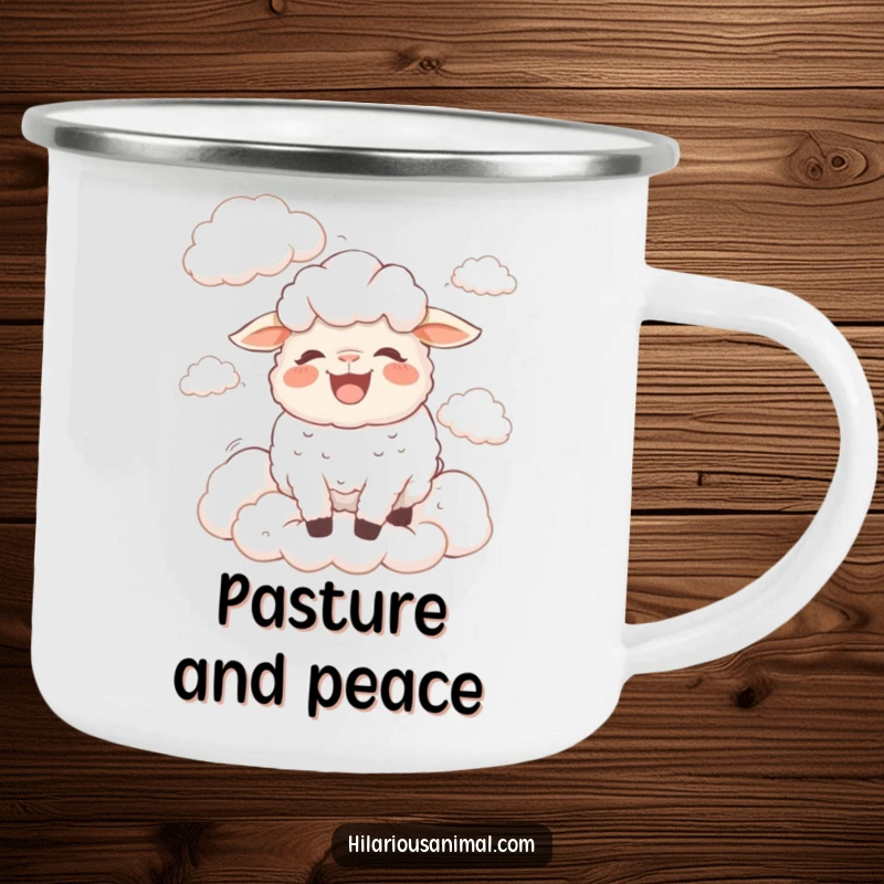 Funny bewildered sheep camping mug with a sheep bleating with laughter surrounded by fluffy clouds, durable and dreamy for outdoors