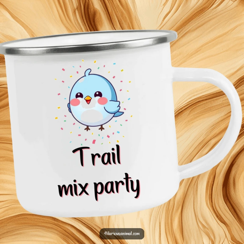 Funny round blue bird camping mug with a colorful confetti shower, perfect for humorous outdoor celebrations.