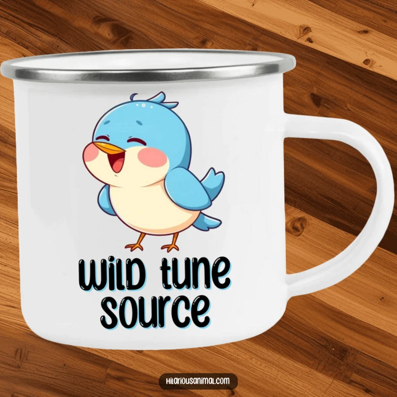 Funny Blue Bird Chirping Camping Mug - A durable mug with a blue bird tilting its head back, singing joyfully, great for outdoor trips.
