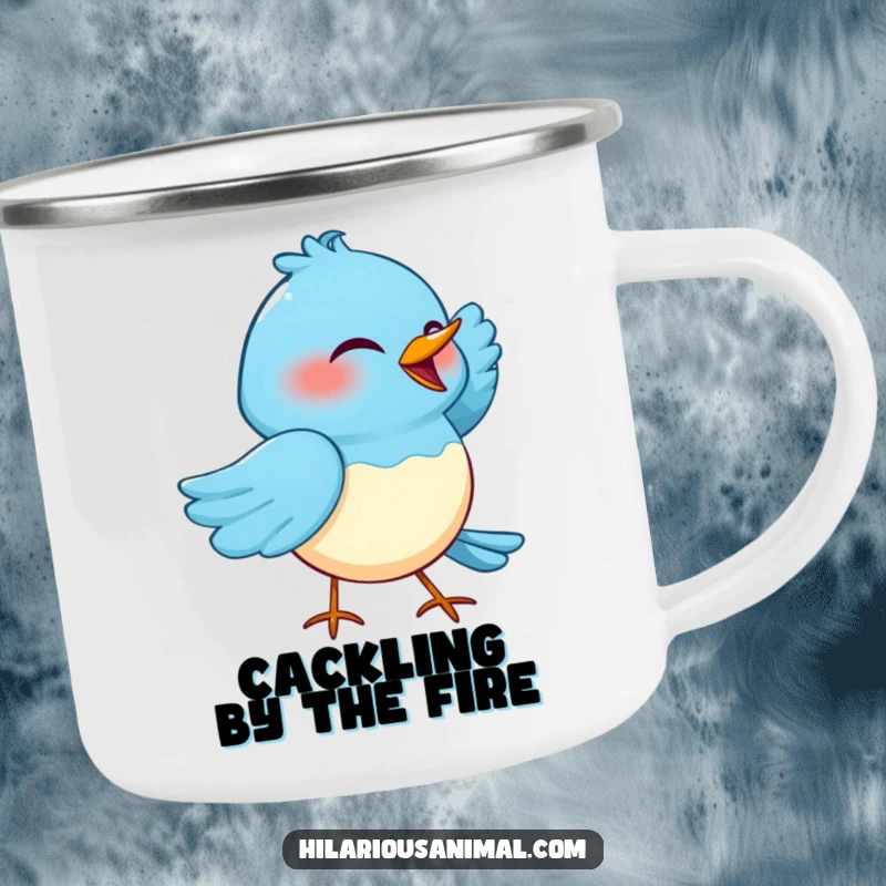 Funny camping mug showing a blue bird cackling with one wing tucked under its head, perfect for outdoor laughs.