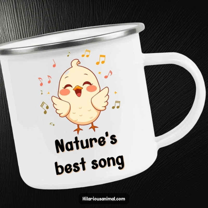 Funny cheerful bird camping mug with a bird chirping with laughter surrounded by musical notes, durable and melodious for outdoors