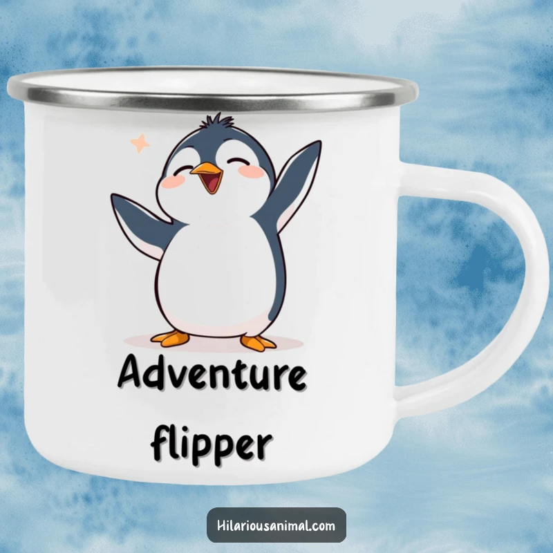 Funny clumsy penguin camping mug with a penguin flapping flippers uncontrollably and chuckling, durable and amusing for outdoors