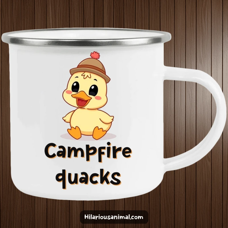 Funny grinning duck camping mug wearing a funny hat, enamel finish, boasts a quacking bird, ideal for outdoor enthusiasts with a sense of humor.