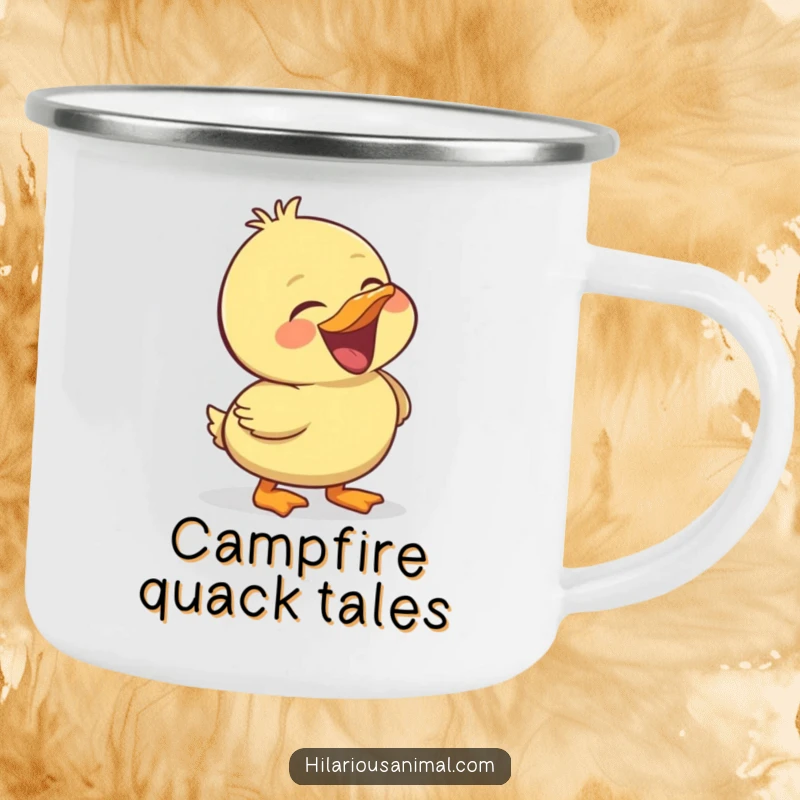 Funny duckling camping mug, enamel cup with a cheerful bird laughing heartily, perfect for outdoor enthusiasts.