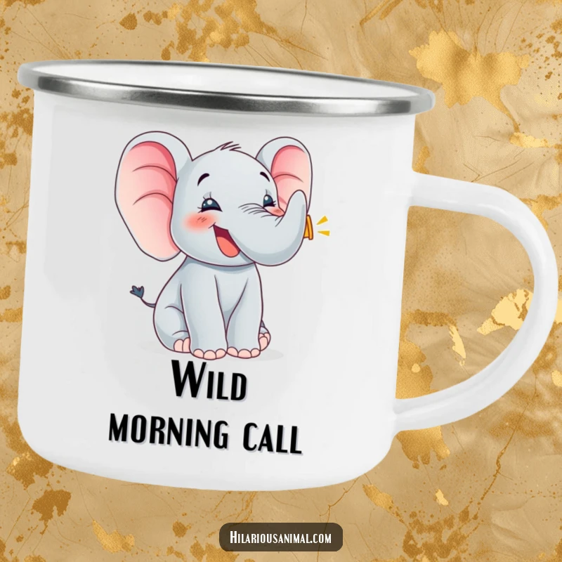 Funny elephant cub trumpeting joyfully, enamel camping mug, flapping ears, ready for campfire stories and outdoor adventures.