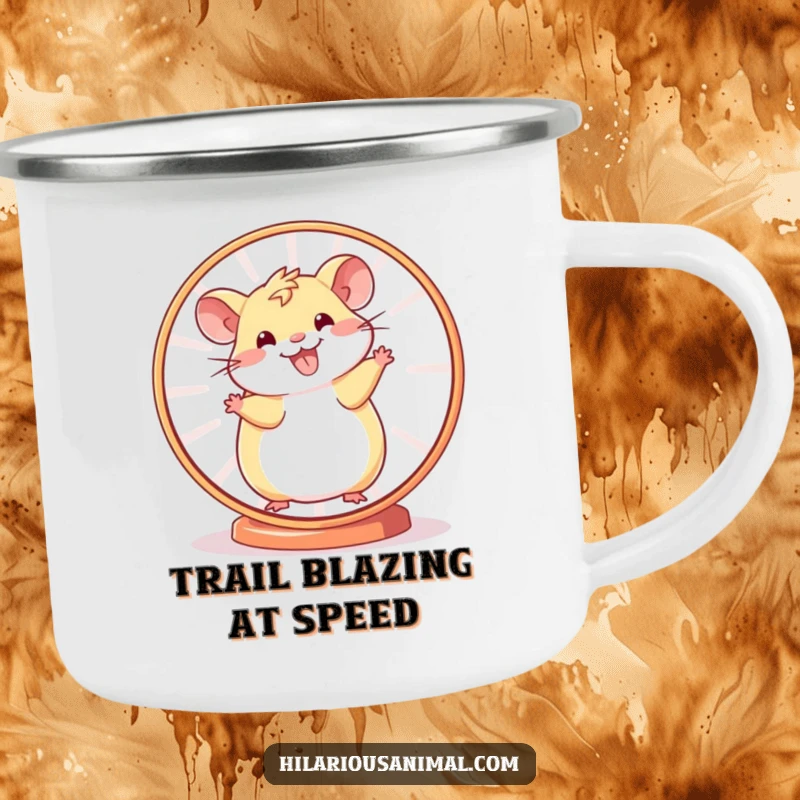 Funny Hamster Wheel Camping Mug showing a cheerful hamster spinning energetically, ideal for camping trips and hot beverages with a humorous design.