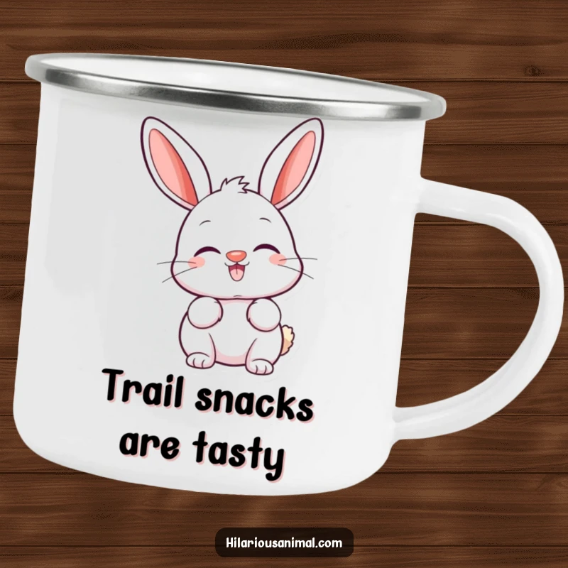 Funny bunny camping mug featuring a happy bunny with a twitching nose and ears perked high in amusement.
