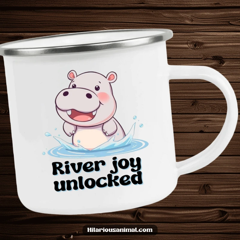 Funny hippo cub enamel camping mug, beaming and splashing water with delight, perfect for outdoor enjoyment.