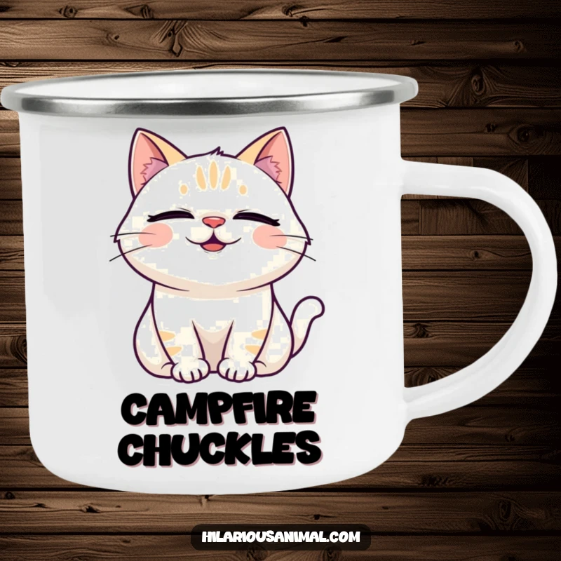 Funny Laughing Cat Camping Mug with a happy cat closing its eyes and tilting its head back in laughter.