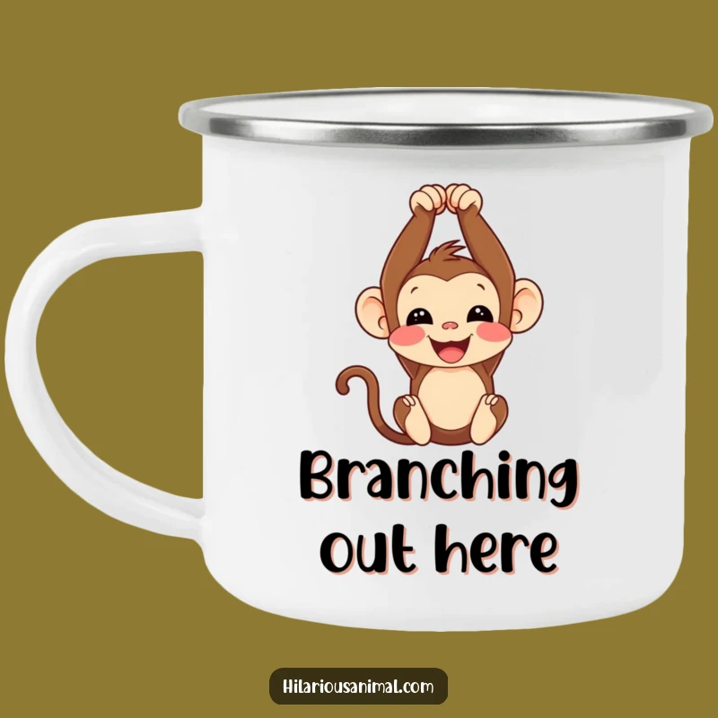 Funny Monkey Cub Enamel Camping Mug: Upside-Down Chuckles Under the Stars!
