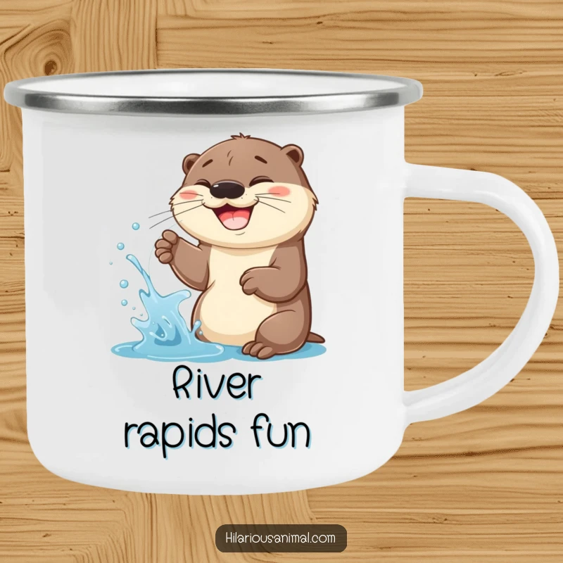 Funny Otter Cub Camping Mug: A cheerful otter cub spraying water with a wide grin, perfect for outdoor sipping.