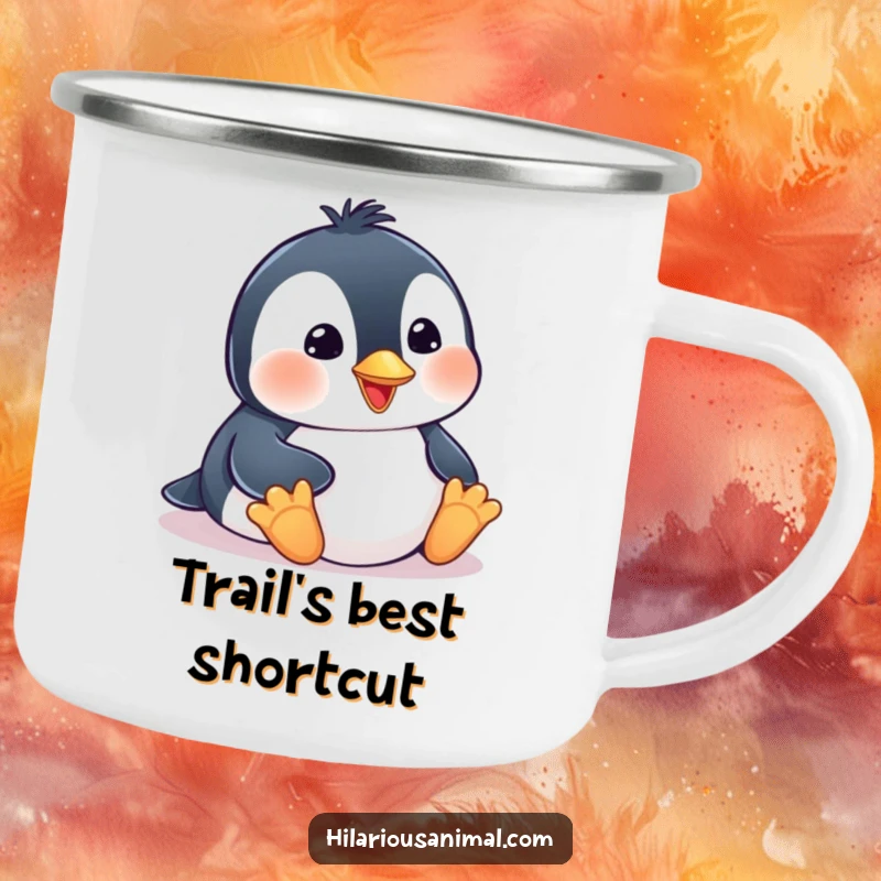 Funny penguin cub enamel camping mug, happily belly-sliding with a smile, perfect for outdoor drinking and fun.
