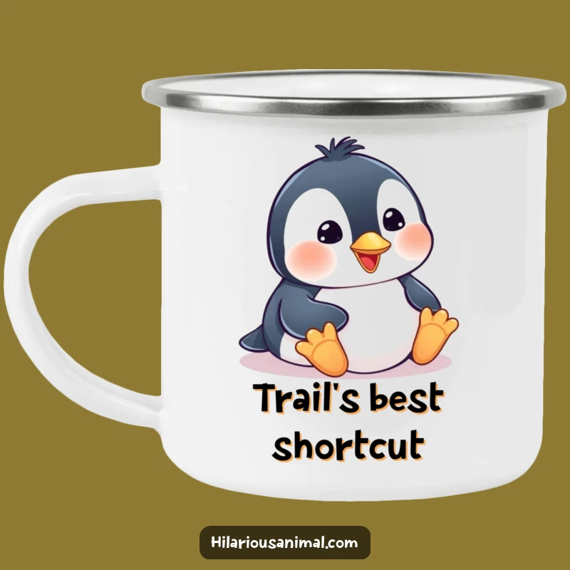 Funny Penguin Cub Enamel Camping Mug: Belly Slide Smiles by the Campfire!