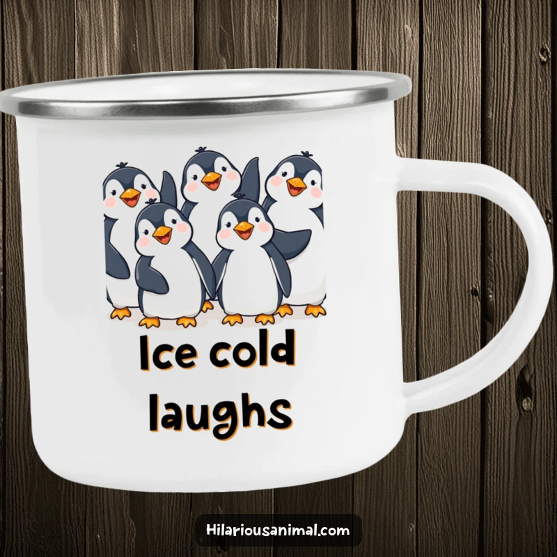 Funny Penguin Giggling Camping Mug: A durable mug featuring happy penguins giggling with flippers raised, ideal for outdoor enjoyment and humorous sips.