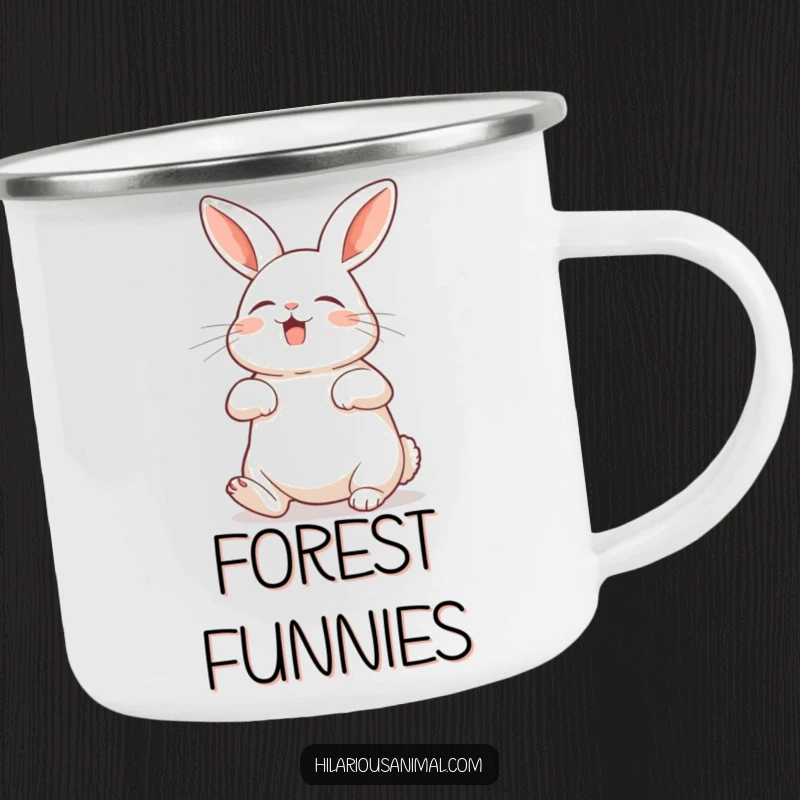 Funny rabbit camping mug showing a bunny with its belly exposed, shaking with silent laughter, perfect for outdoor laughs.