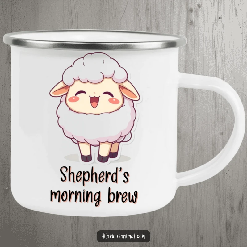 Funny joyful fluffy sheep character chuckling, head thrown back on a camping mug, a fluffy enamel cup of pure joy, a funny gift.