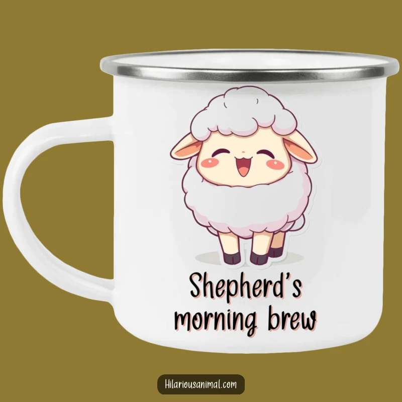 Funny Sheep Chuckling Camping Mug, Fluffy Enamel Cup, Whimsical Funny Gift