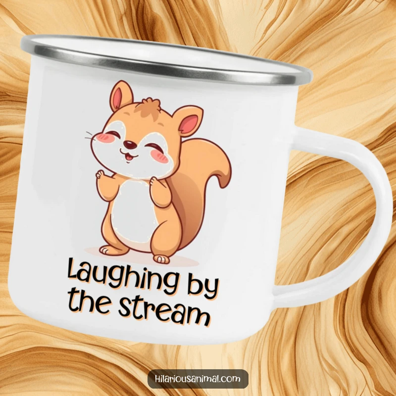 Funny camping mug with a cheerful squirrel shaking with silent, joyful laughter, a functional funny gift.