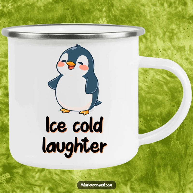 Funny penguin camping mug, enamel cup with a cute plump bird belly shaking from laughter, perfect for outdoors.