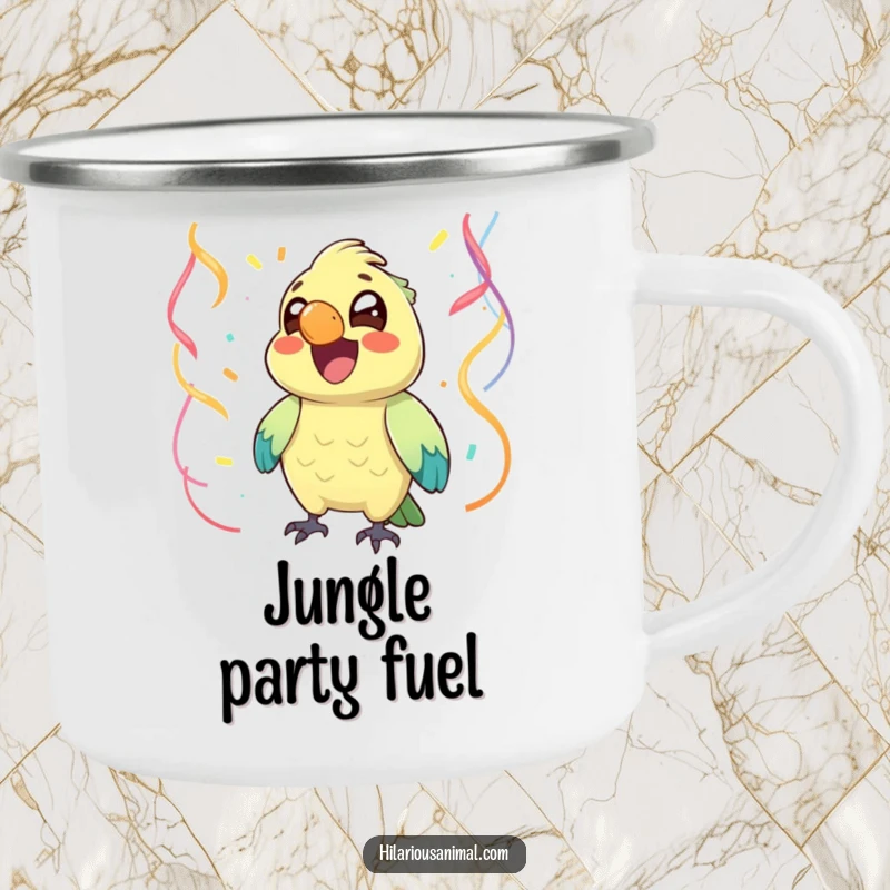 Funny joyful parrot chuckling with streamers around it, on an enamel camping mug, a festive and funny gift.
