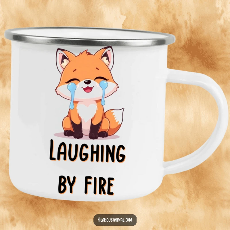 Funny Fox Laughing Tears Camping Mug: A durable mug featuring a cute fox with tears of laughter streaming, ideal for outdoor enjoyment and humorous sips.