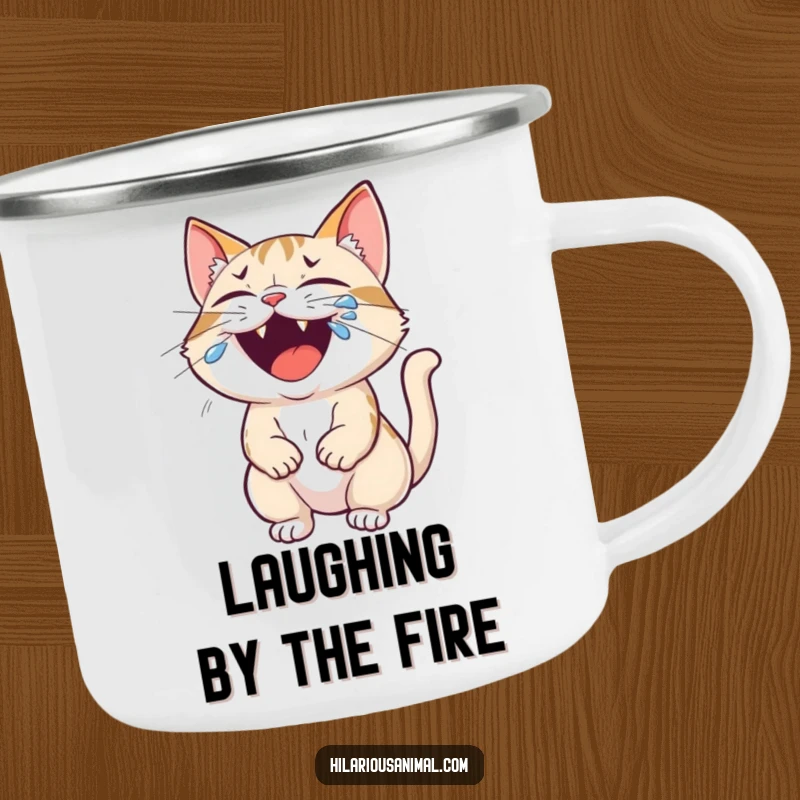 Funny cat camping mug showing a small feline roaring with laughter, tears streaming from its eyes, perfect for outdoor chuckles.