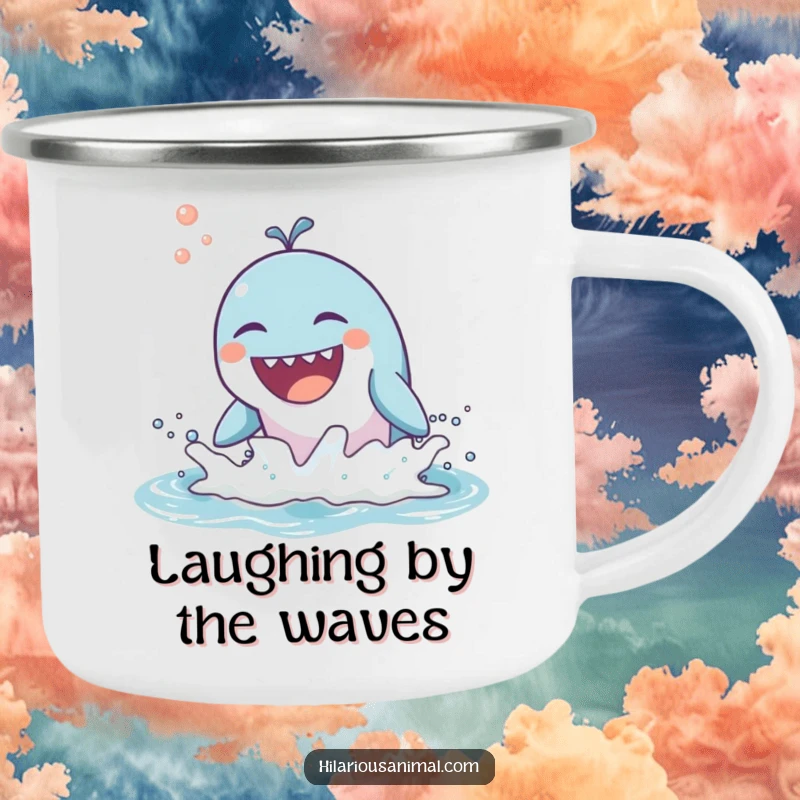 Funny camping mug showcasing a whale breaching and laughing, perfect for outdoor enthusiasts who appreciate humor.