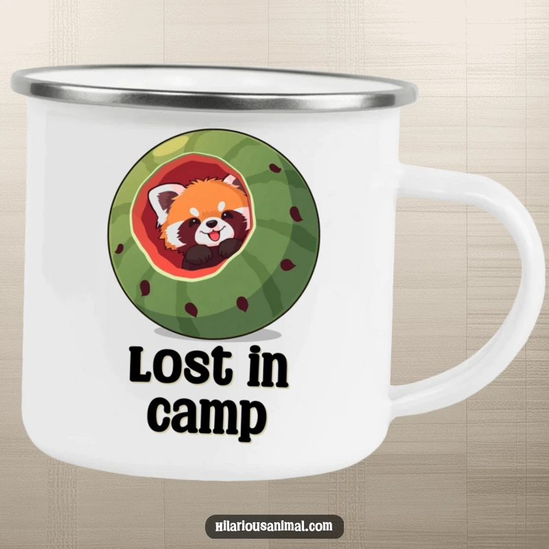 Funny red panda camping mug, a red panda comically stuck headfirst in a giant hollowed-out watermelon, ready for outdoor brews and fruity fun.