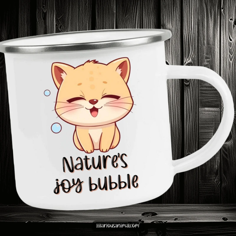 Funny whiskered animal with eyes closed, emitting a bubble of joy, on an enamel camping mug, a serene and funny gift.