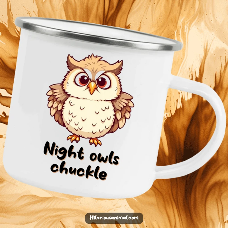 Funny owl camping mug featuring a chuckling owl with ruffled feathers and eyes wide with mirth.