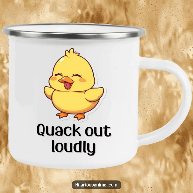 Funny Duck Quacking Camping Mug featuring a chubby yellow duck laughing with eyes squeezed shut, perfect for outdoor enthusiasts who enjoy a fun, humorous vibe.