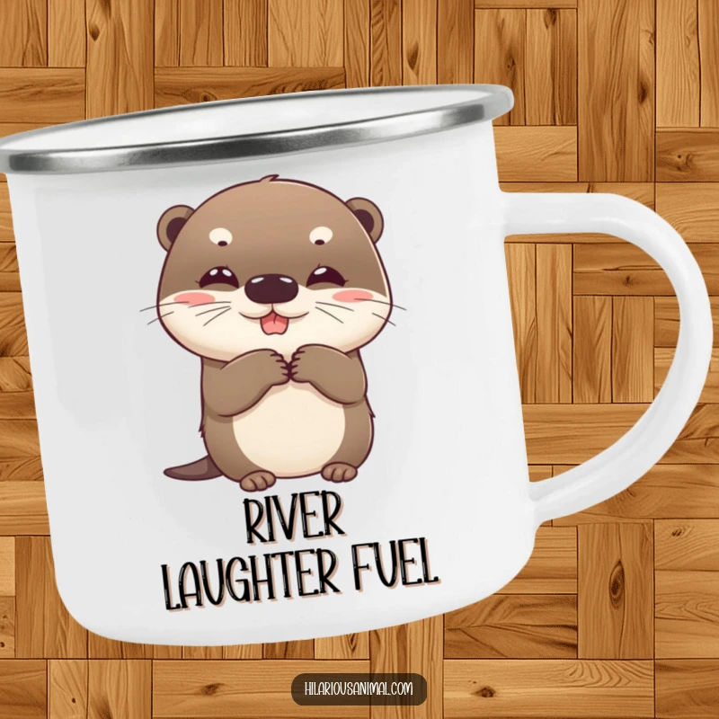 Funny otter camping mug, enamel cup with a beaming round cub clutching sides with suppressed giggles, perfect for outdoors.