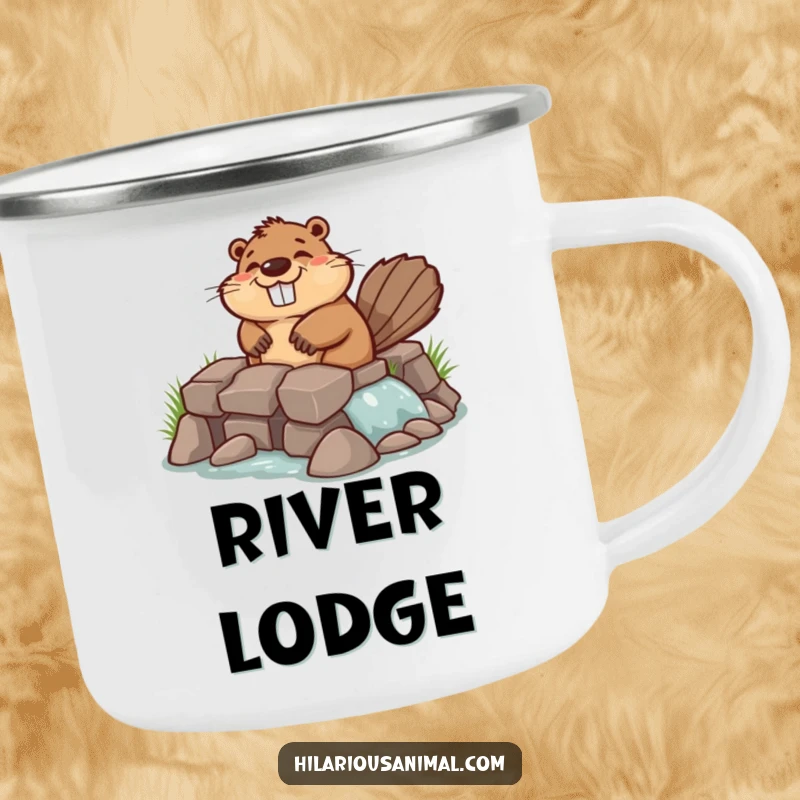 Funny chuckling beaver camping mug featuring a beaver industriously building a lopsided dam, ready for campfire chats and project planning.