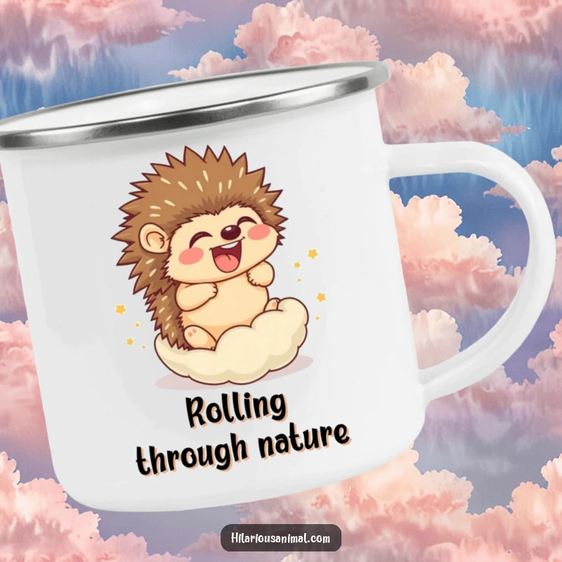 Funny Hedgehog Cub Camping Mug: A jovial hedgehog cub rolling into a ball of laughter, perfect for outdoor sipping.