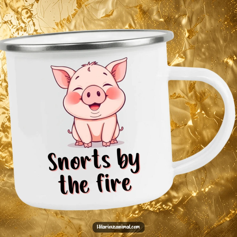 Funny Piglet Camping Mug: a durable enamel cup with a piglet snorting joyfully, ideal for outdoor fun.