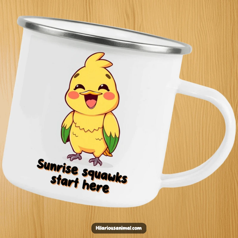 Funny camping mug with a brightly colored parrot mid-squawk, its wide grin ready for adventure.
