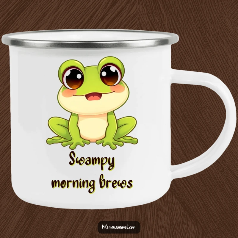 Funny happy frog camping mug with wide beaming eyes, enamel finish, depicted croaking joyfully, ideal for outdoor enthusiasts with a sense of humor.