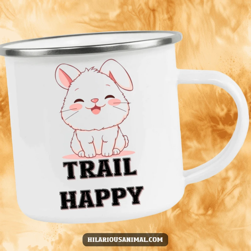 Funny bunny camping mug depicting a fluffy white rabbit snorting with pure joy, ears flopped, ready for campfire coffee.