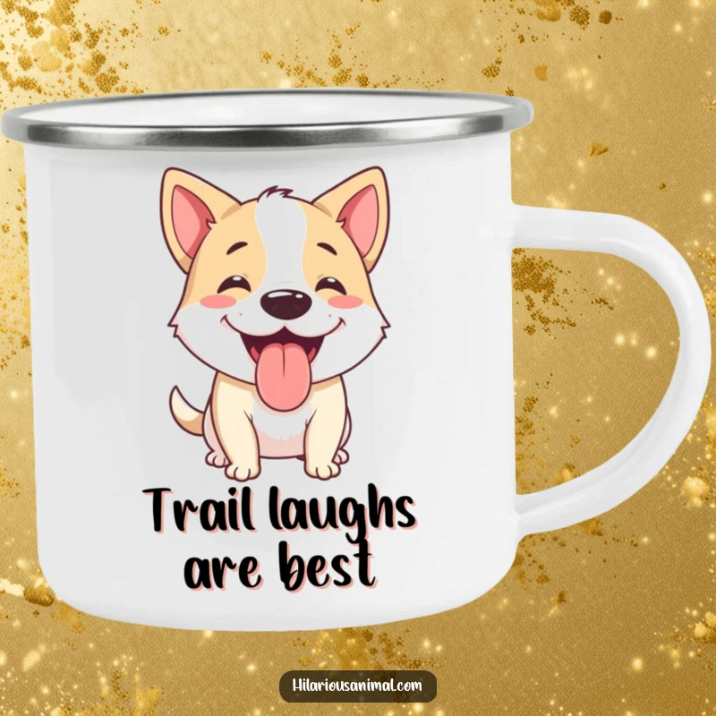 Funny dog camping mug showing a happy dog panting, tongue out, mid-chuckle, for outdoor enjoyment.