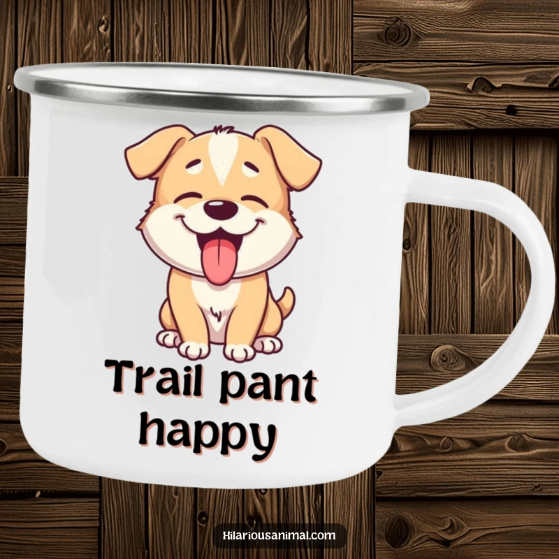 Funny dog camping mug featuring a giggling puppy with tongue lolling out, panting playfully, ready for campfire stories and laughs.