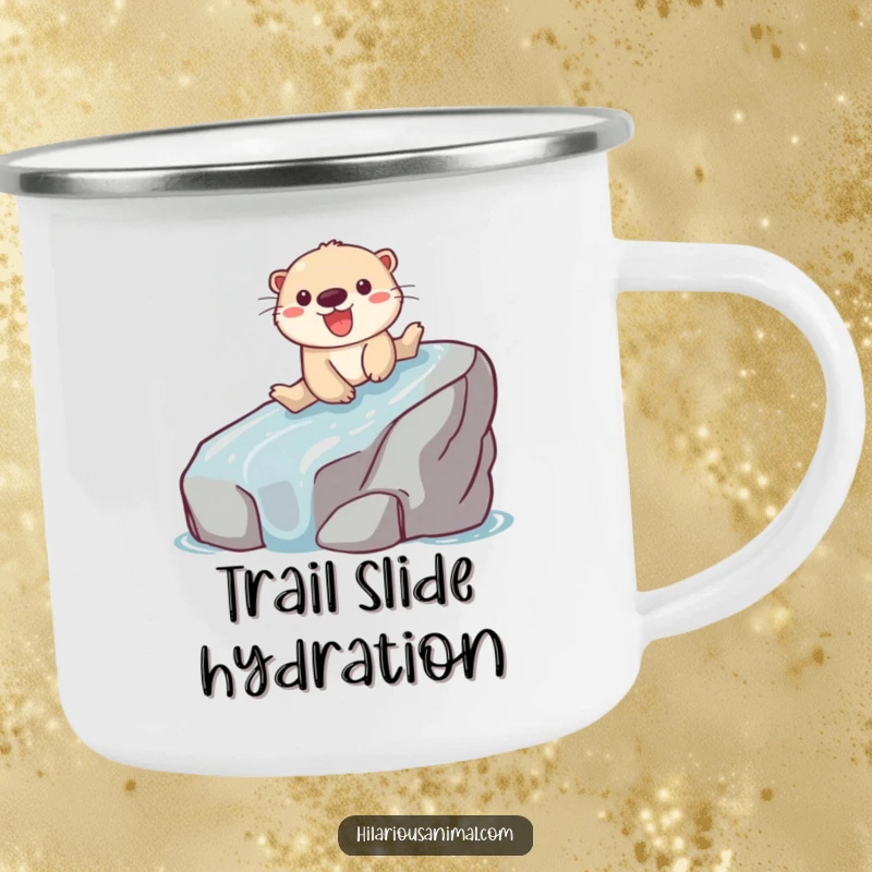 Funny camping mug with a playful otter gleefully sliding down a slippery rock, ready for adventure.