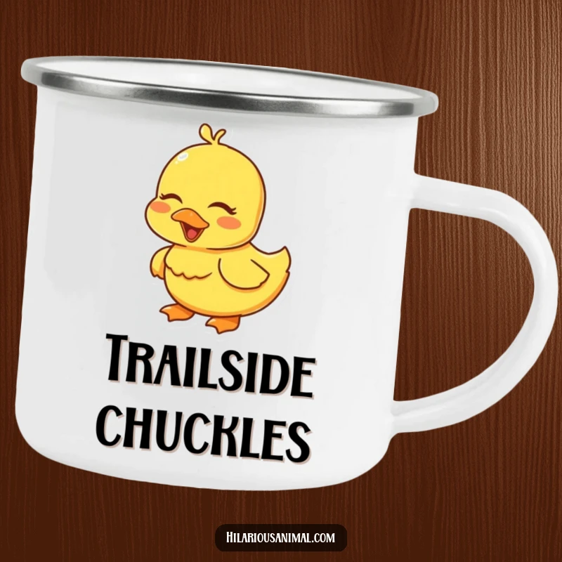 Funny yellow duckling camping mug, eyes closed in a giggle, ready for outdoor fun.
