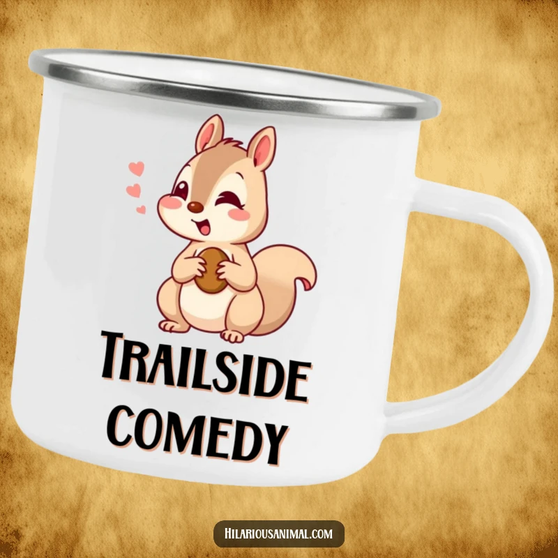 Funny squirrel camping mug showing a curious squirrel chattering with amusement, holding a nut, perfect for outdoor laughs.
